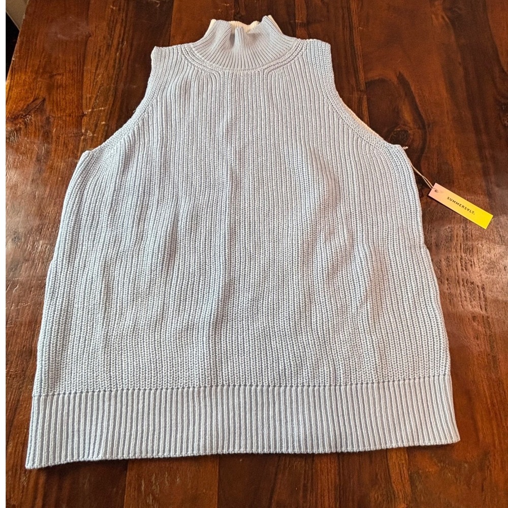 Summersalt Womens Sleeveless Sweater Mock Neck Organic Cotton Blue White LG NEW